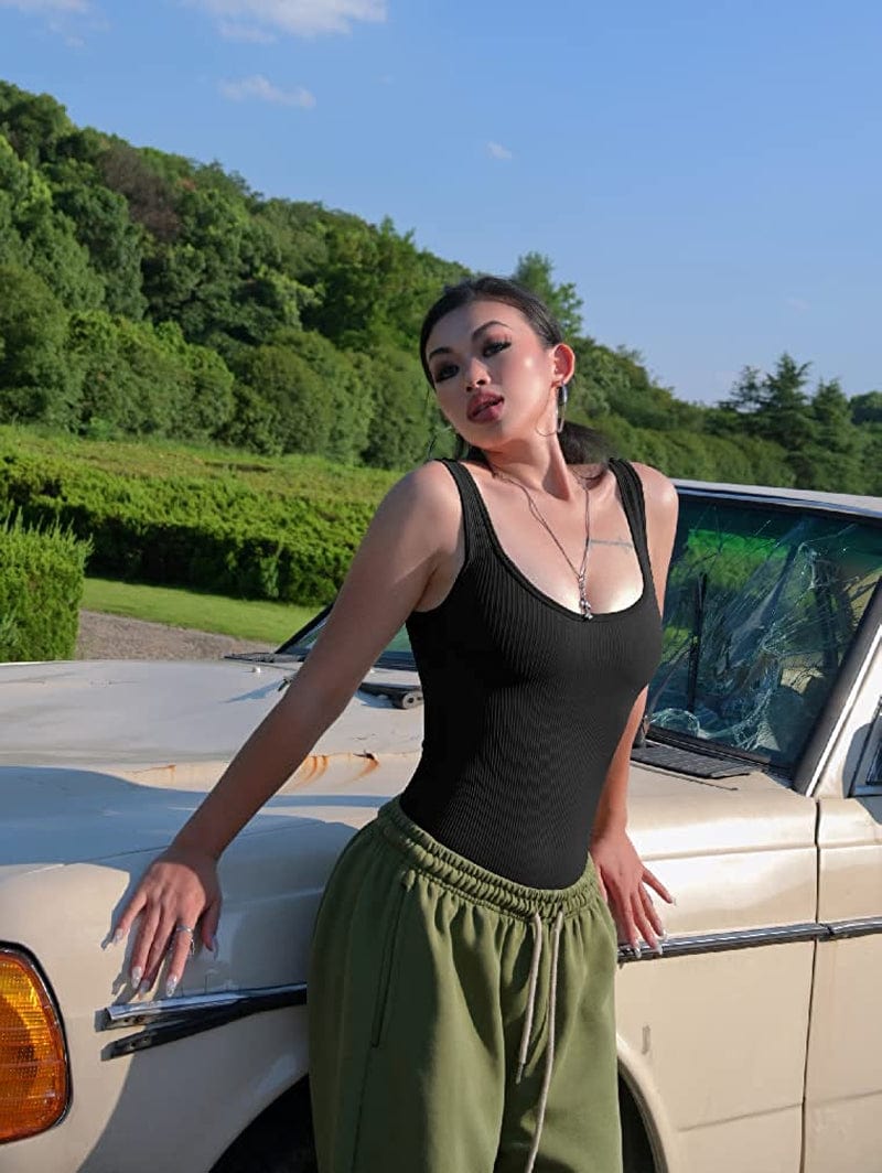 Women'S 3 Piece Bodysuits Sexy Ribbed Sleeveless Square Neck Sleeveless Tank Tops Bodysuits Black Coffee Beige / Small