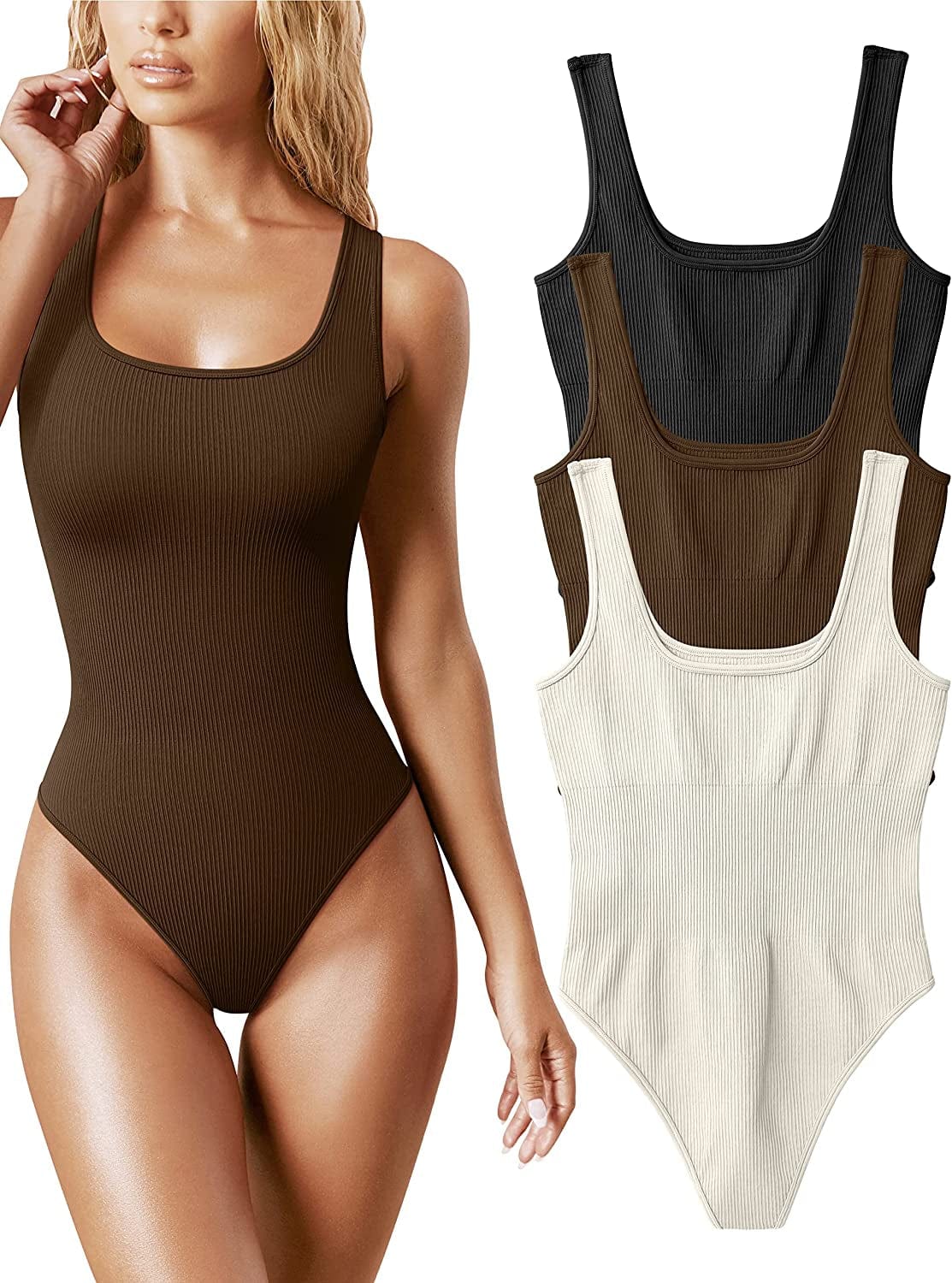 Women'S 3 Piece Bodysuits Sexy Ribbed Sleeveless Square Neck Sleeveless Tank Tops Bodysuits Black Coffee Beige / Small