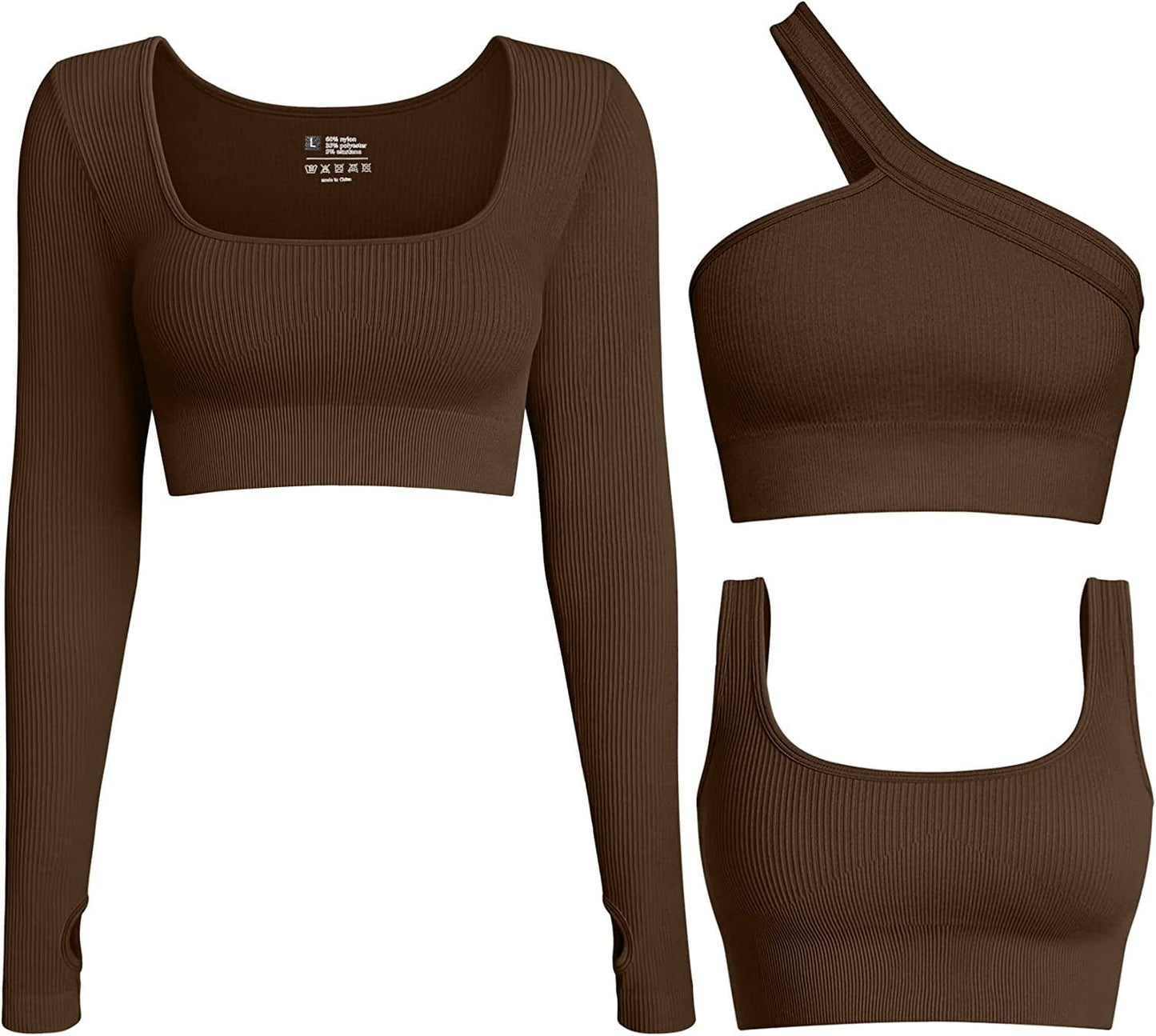 Women'S 3 Piece Crop Tops Ribbed Long Sleeve Workout Tops One Shoulder Yoga Crop Top Exercise Sports Bra Coffee / Large