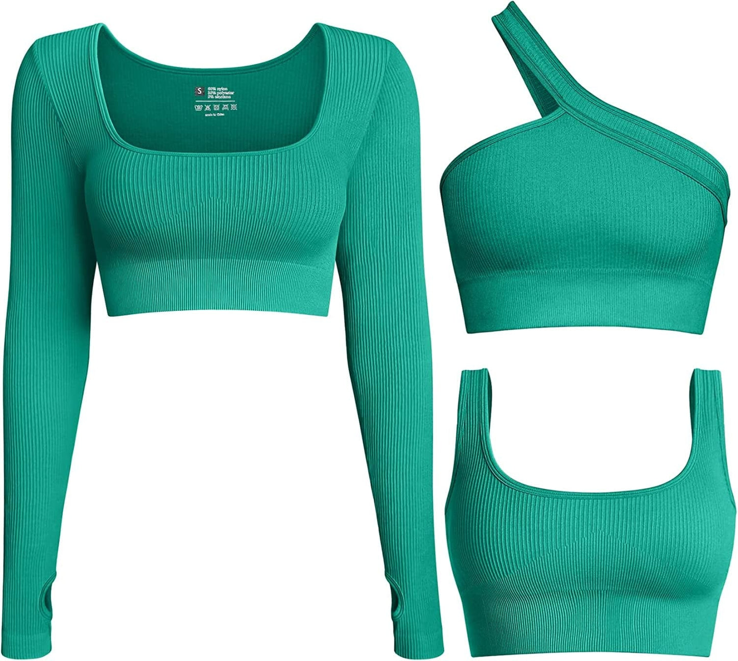 Women'S 3 Piece Crop Tops Ribbed Long Sleeve Workout Tops One Shoulder Yoga Crop Top Exercise Sports Bra Green / Large