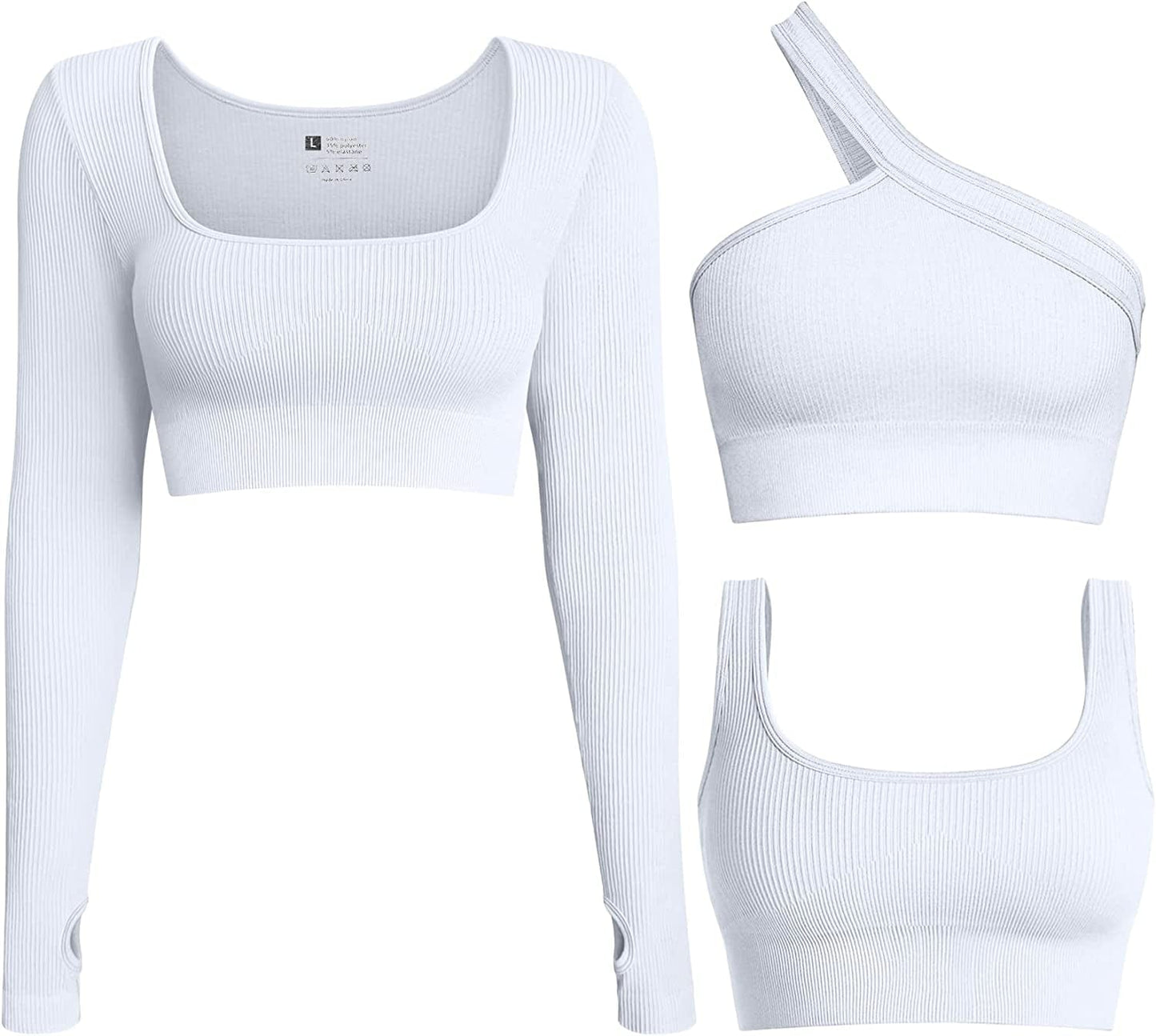 Women'S 3 Piece Crop Tops Ribbed Long Sleeve Workout Tops One Shoulder Yoga Crop Top Exercise Sports Bra White / Large