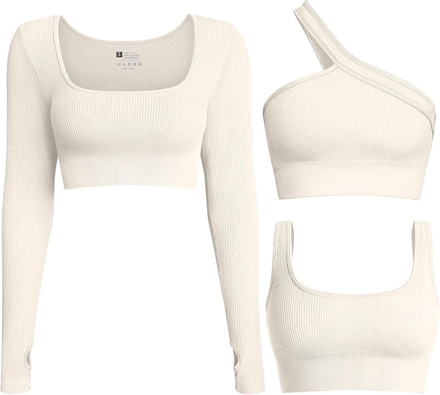 Women'S 3 Piece Crop Tops Ribbed Long Sleeve Workout Tops One Shoulder Yoga Crop Top Exercise Sports Bra Beige / Large