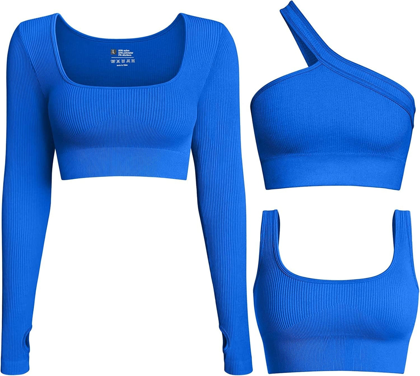 Women'S 3 Piece Crop Tops Ribbed Long Sleeve Workout Tops One Shoulder Yoga Crop Top Exercise Sports Bra Blue / Medium