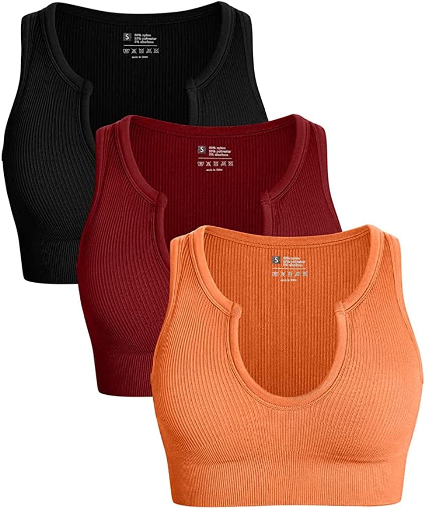 Women'S 3 Piece Medium Support Crop Top Seamless Ribbed Removable Cups Workout Yoga Sport Bra Black Winered Orange / Small