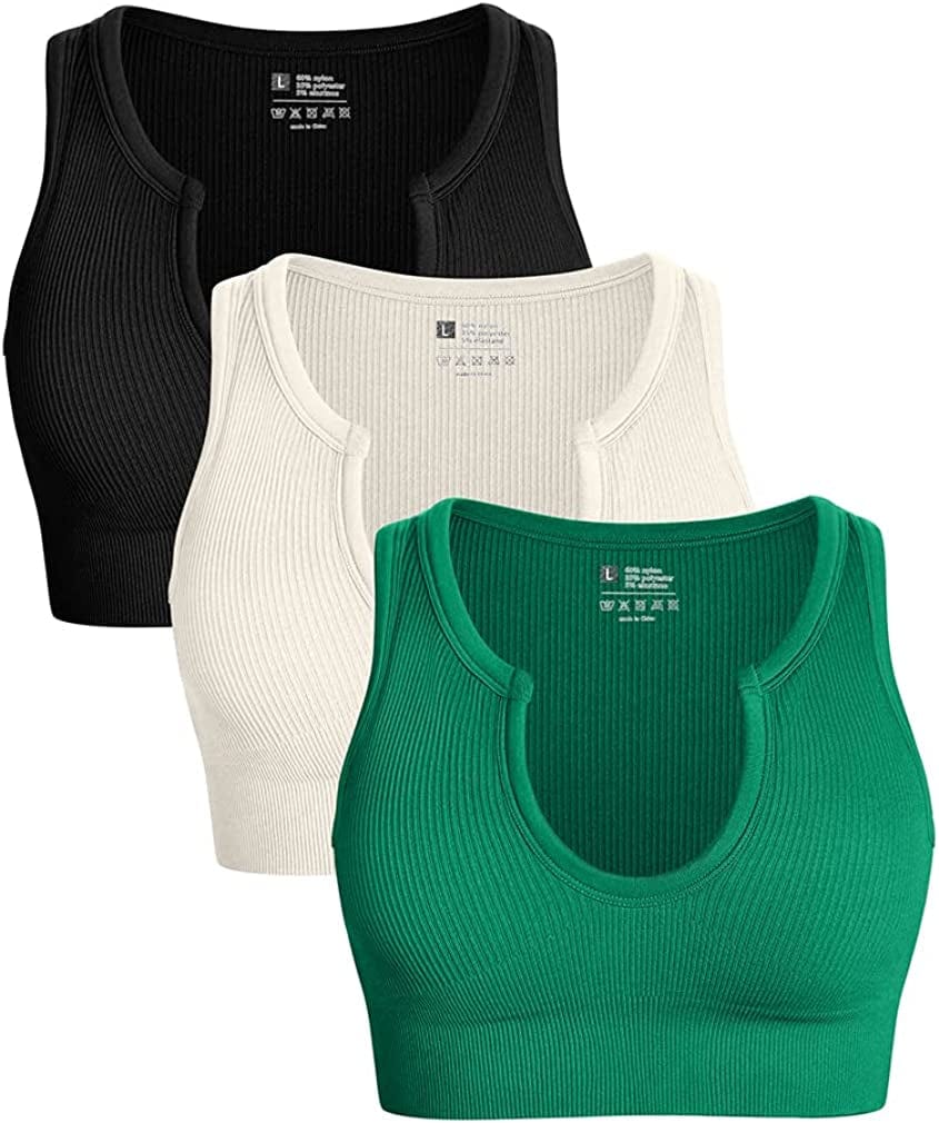 Women'S 3 Piece Medium Support Crop Top Seamless Ribbed Removable Cups Workout Yoga Sport Bra Black Beige Green / Medium