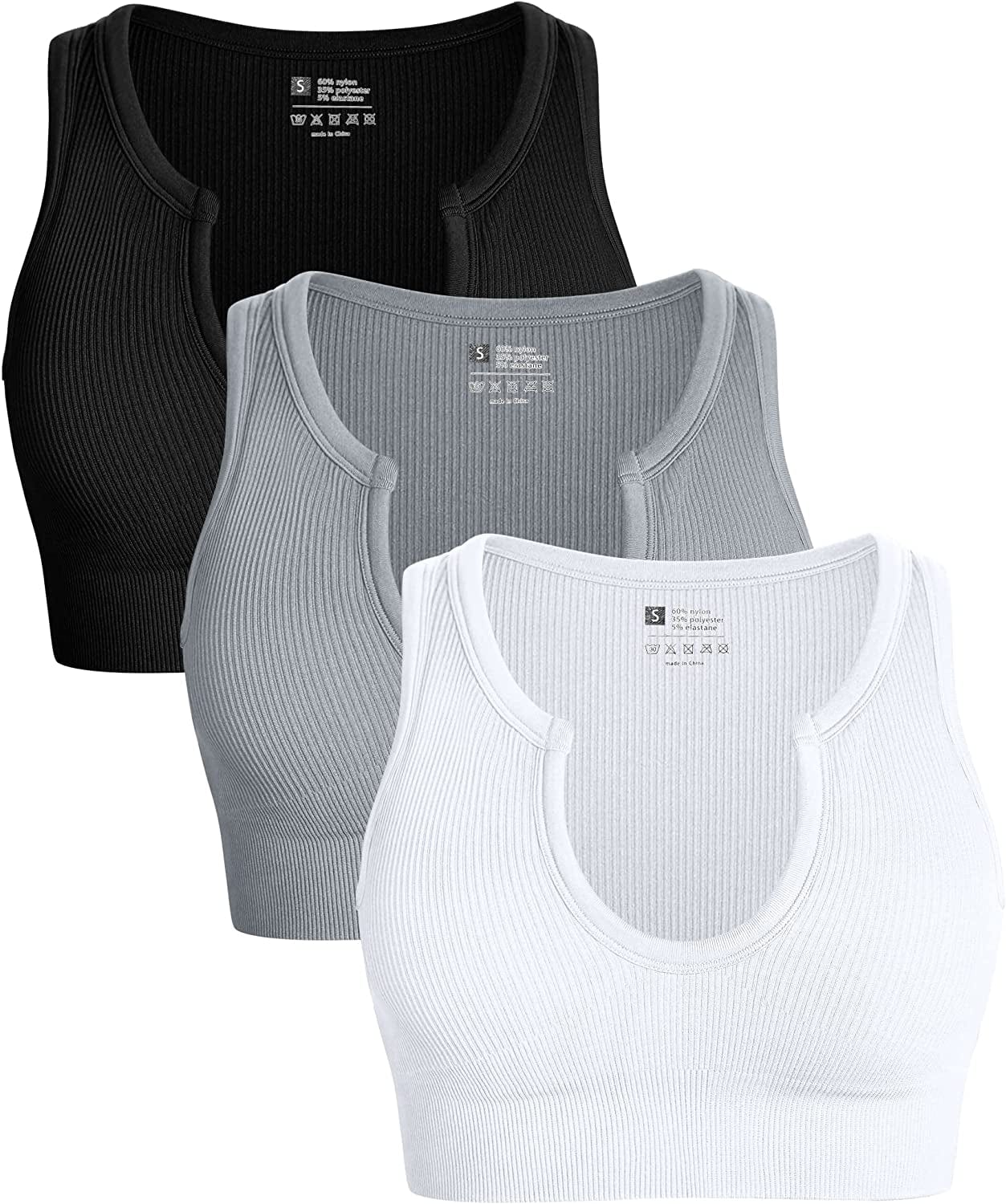 Women'S 3 Piece Medium Support Crop Top Seamless Ribbed Removable Cups Workout Yoga Sport Bra Black Grey White / Medium