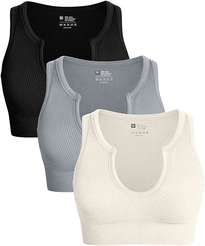 Women'S 3 Piece Medium Support Crop Top Seamless Ribbed Removable Cups Workout Yoga Sport Bra Black Grey Beige / Medium
