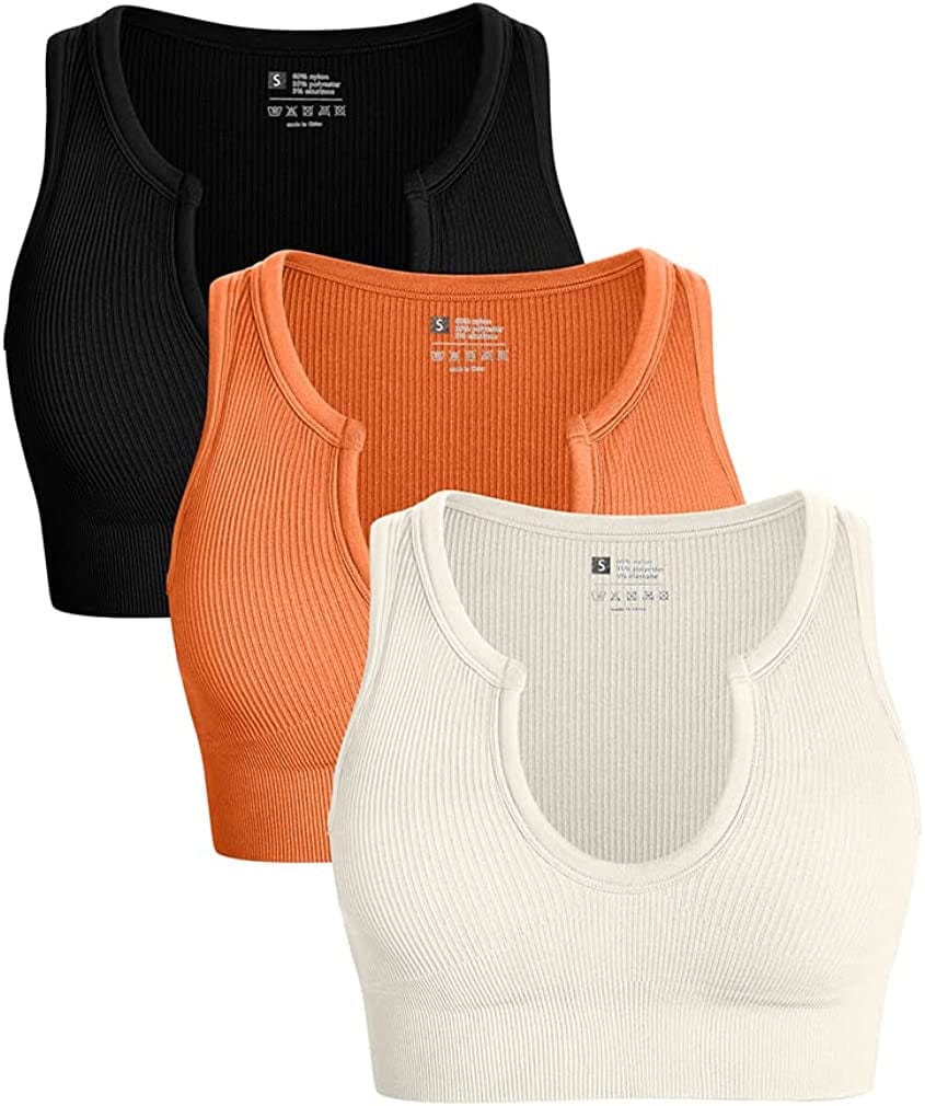 Women'S 3 Piece Medium Support Crop Top Seamless Ribbed Removable Cups Workout Yoga Sport Bra Black Orange Beige / Medium