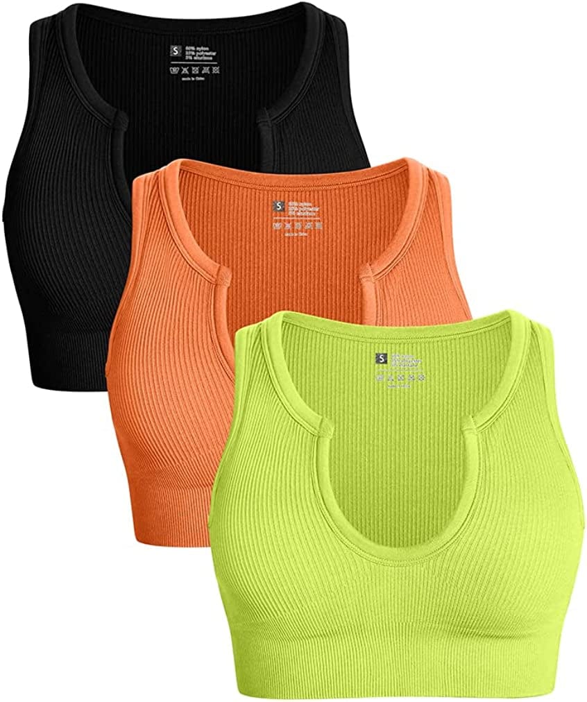 Women'S 3 Piece Medium Support Crop Top Seamless Ribbed Removable Cups Workout Yoga Sport Bra Black Orange Grassgreen / Medium