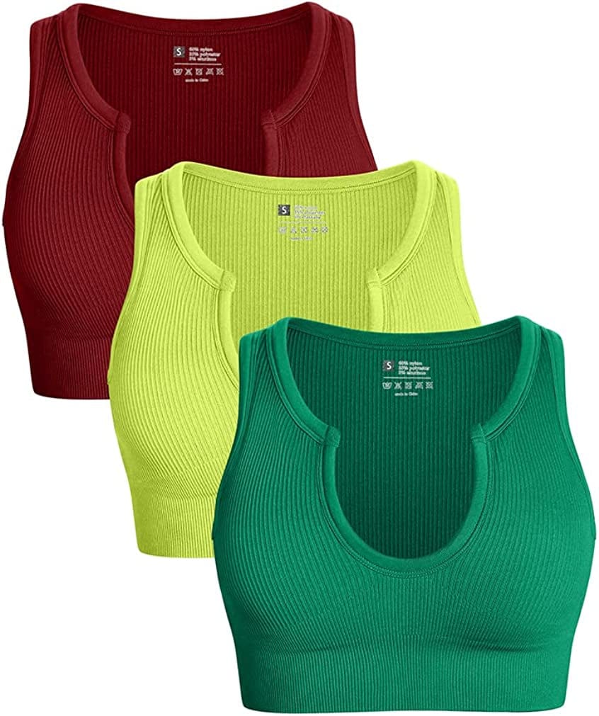 Women'S 3 Piece Medium Support Crop Top Seamless Ribbed Removable Cups Workout Yoga Sport Bra Winered Grassgreen Green / Small