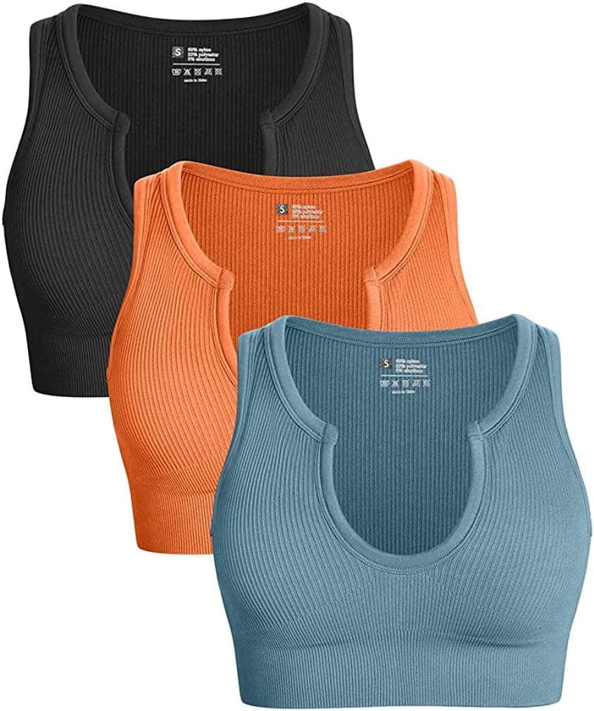 Women'S 3 Piece Medium Support Crop Top Seamless Ribbed Removable Cups Workout Yoga Sport Bra Black Orange Blue / Medium