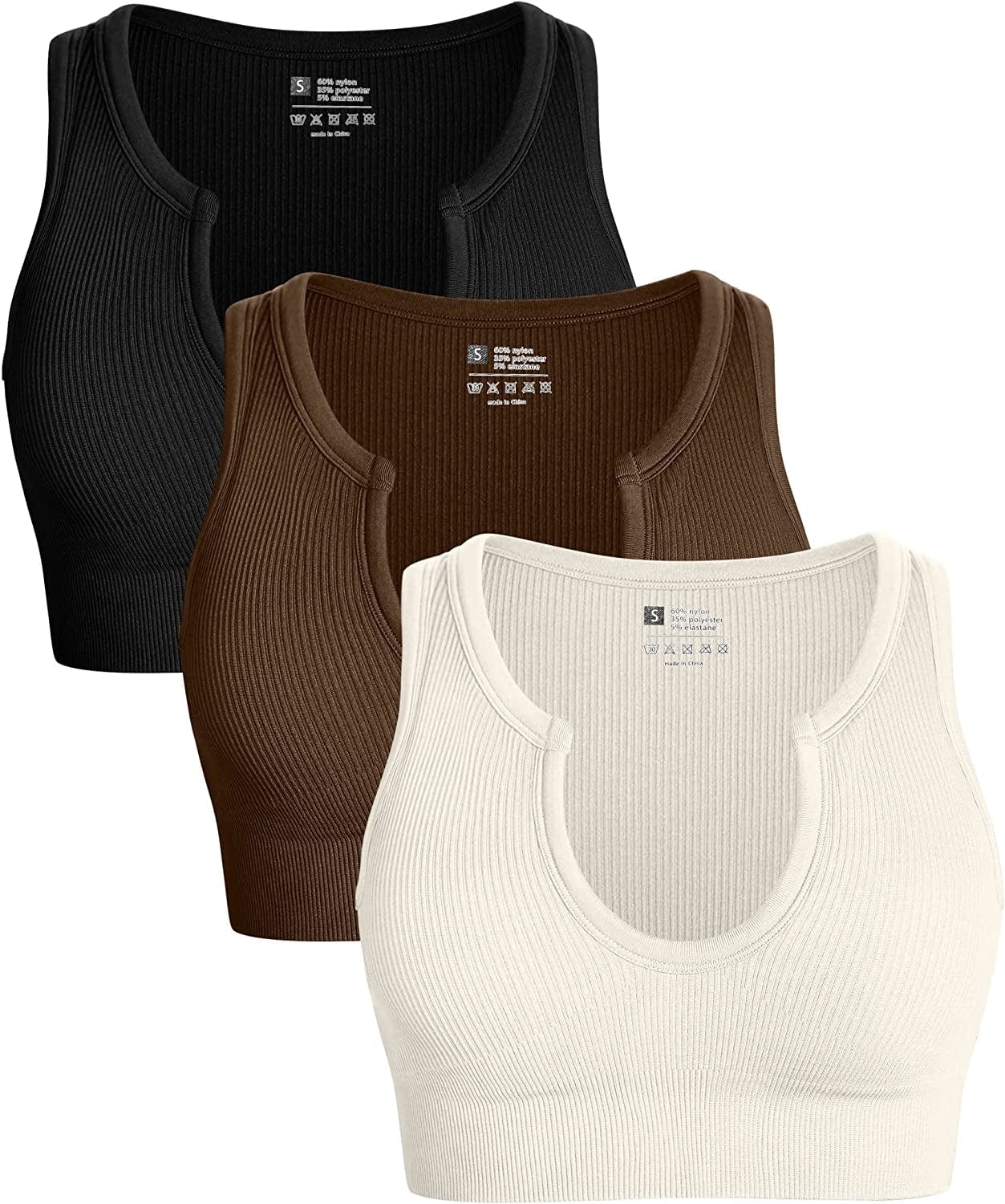 Women'S 3 Piece Medium Support Crop Top Seamless Ribbed Removable Cups Workout Yoga Sport Bra Black Coffee Beige / Medium