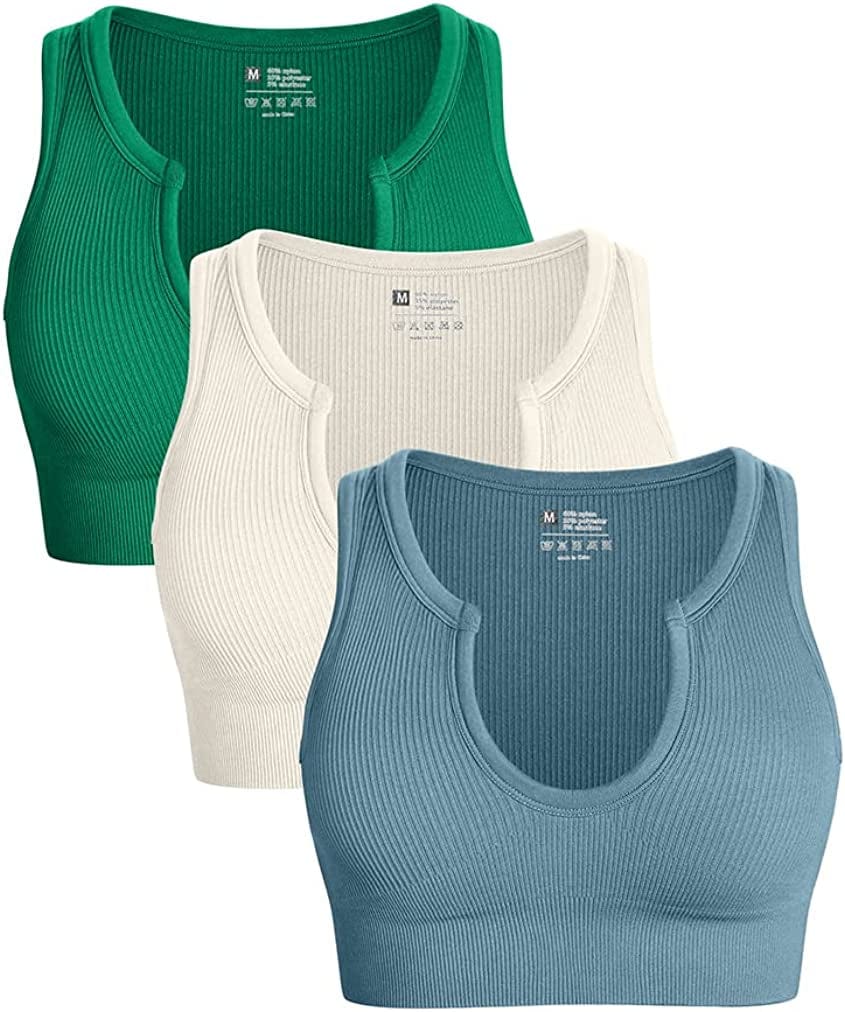 Women'S 3 Piece Medium Support Crop Top Seamless Ribbed Removable Cups Workout Yoga Sport Bra Green Beige Blue / Medium