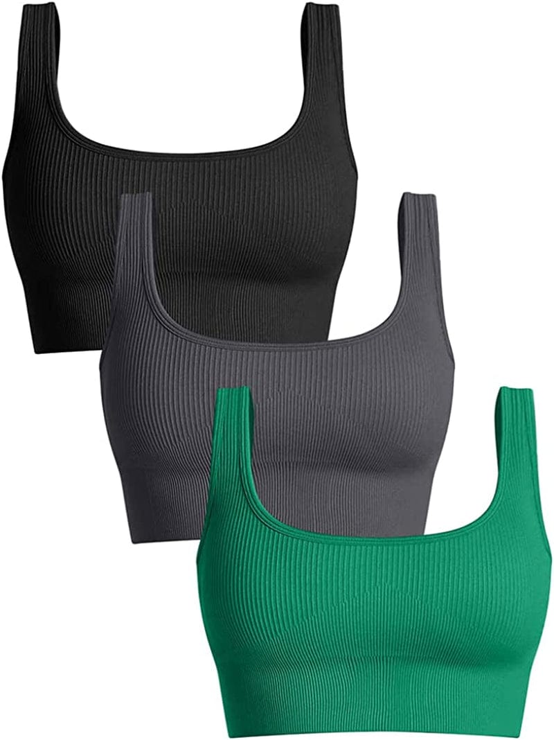 Women'S 3 Piece Medium Support Tank Top Ribbed Seamless Removable Cups Workout Exercise Sport Bra Black Darkgrey Green1 / Small