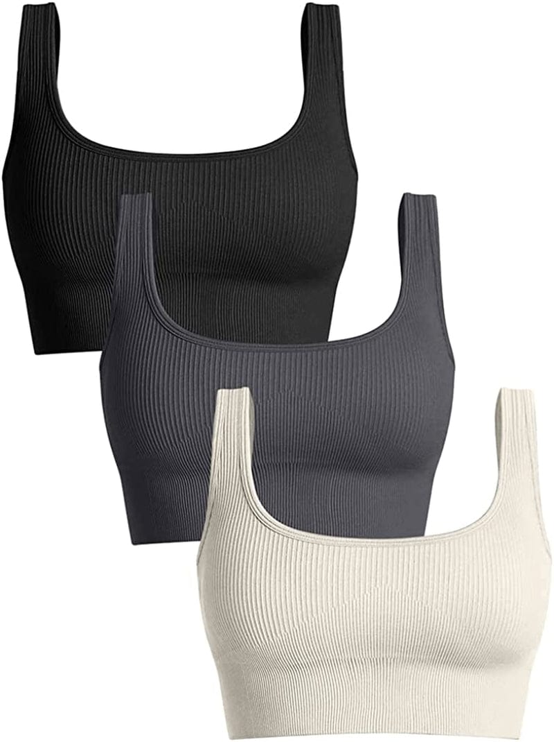 Women'S 3 Piece Medium Support Tank Top Ribbed Seamless Removable Cups Workout Exercise Sport Bra Black Darkgrey Beige / Medium