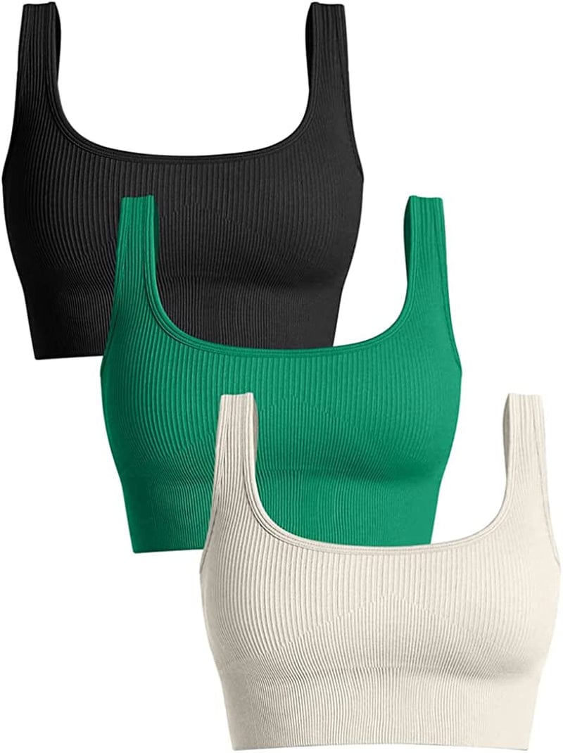 Women'S 3 Piece Medium Support Tank Top Ribbed Seamless Removable Cups Workout Exercise Sport Bra Black Green1 Beige / Medium