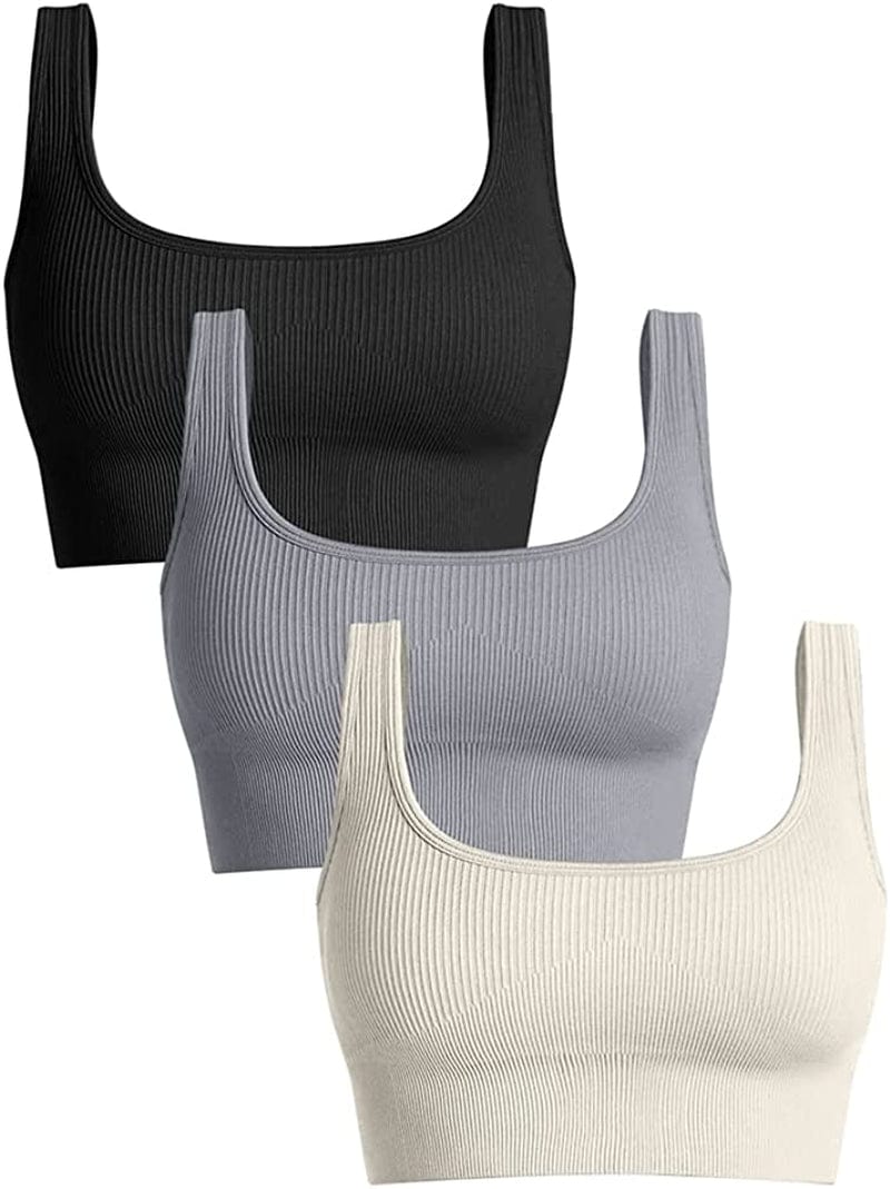 Women'S 3 Piece Medium Support Tank Top Ribbed Seamless Removable Cups Workout Exercise Sport Bra Black Grey Beige / Large