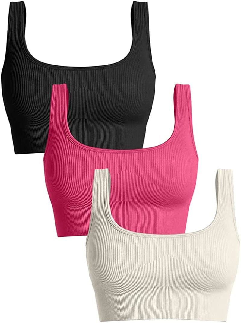 Women'S 3 Piece Medium Support Tank Top Ribbed Seamless Removable Cups Workout Exercise Sport Bra Black Coral Beige / Large