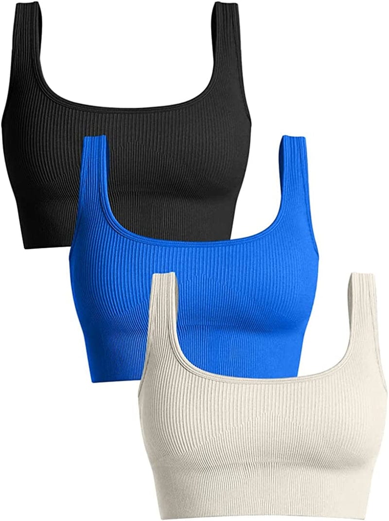 Women'S 3 Piece Medium Support Tank Top Ribbed Seamless Removable Cups Workout Exercise Sport Bra Black Blue1 Beige / Medium