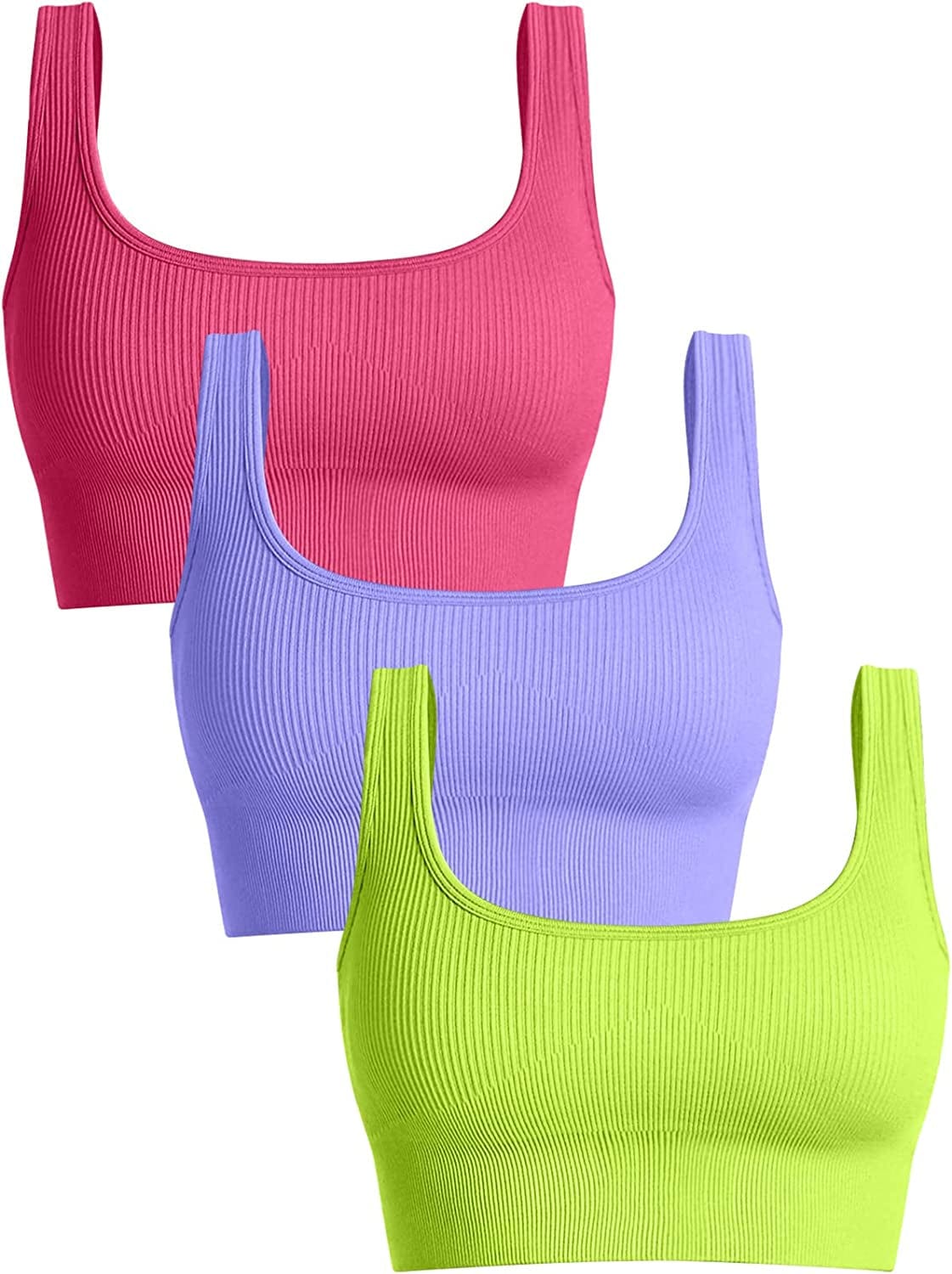 Women'S 3 Piece Medium Support Tank Top Ribbed Seamless Removable Cups Workout Exercise Sport Bra Coral Purple Grassgreen / Large