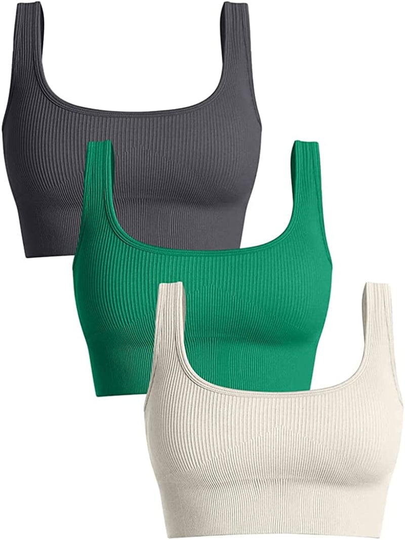 Women'S 3 Piece Medium Support Tank Top Ribbed Seamless Removable Cups Workout Exercise Sport Bra Darkgrey Green1 Beige / Small