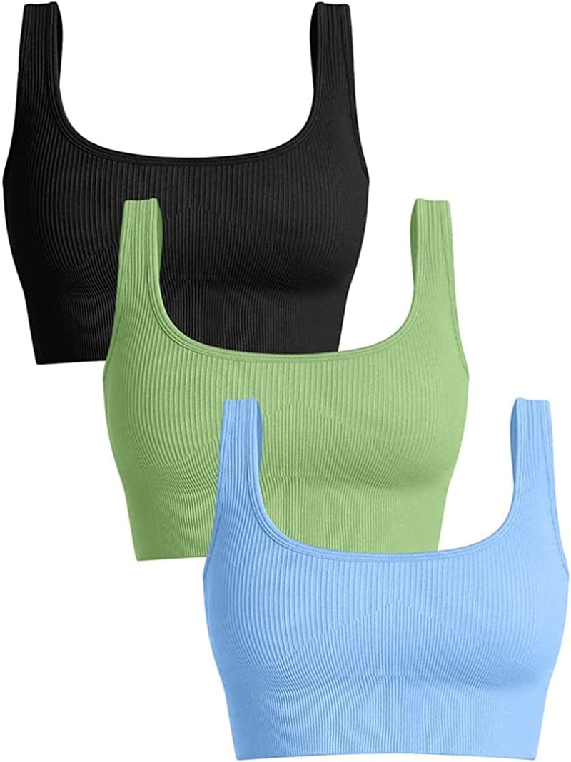 Women'S 3 Piece Medium Support Tank Top Ribbed Seamless Removable Cups Workout Exercise Sport Bra Black Green Candyblue / Large