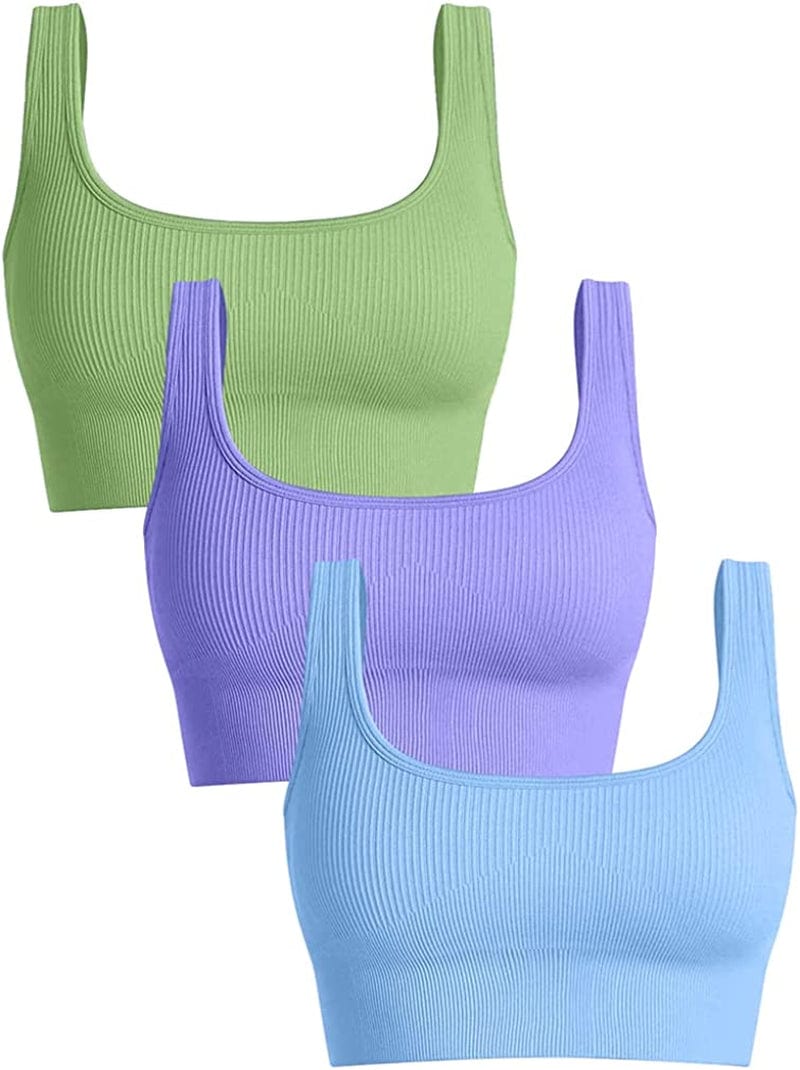 Women'S 3 Piece Medium Support Tank Top Ribbed Seamless Removable Cups Workout Exercise Sport Bra Green Purple Candyblue / Large