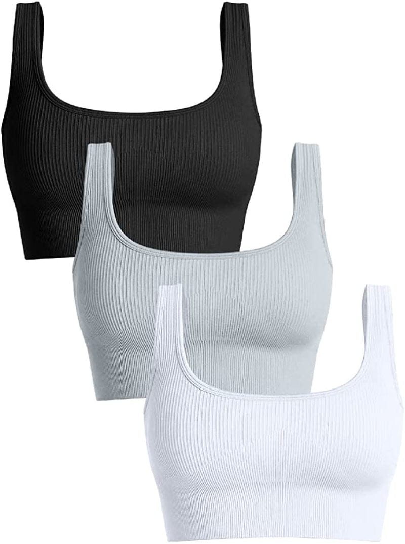 Women'S 3 Piece Medium Support Tank Top Ribbed Seamless Removable Cups Workout Exercise Sport Bra Black Grey White / Medium