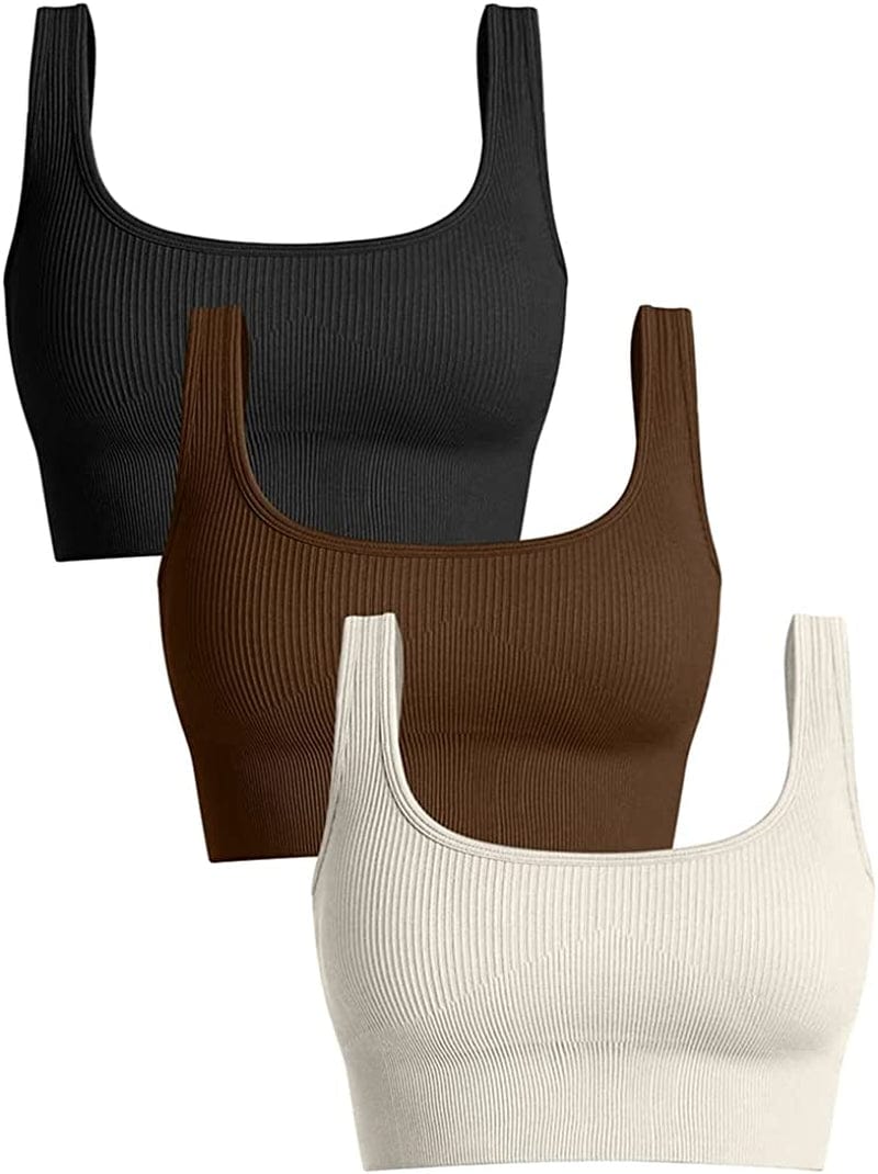 Women'S 3 Piece Medium Support Tank Top Ribbed Seamless Removable Cups Workout Exercise Sport Bra Black Coffee Beige / Large