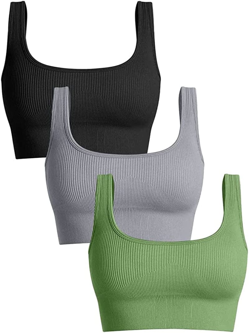 Women'S 3 Piece Medium Support Tank Top Ribbed Seamless Removable Cups Workout Exercise Sport Bra Black Grey Green / Large