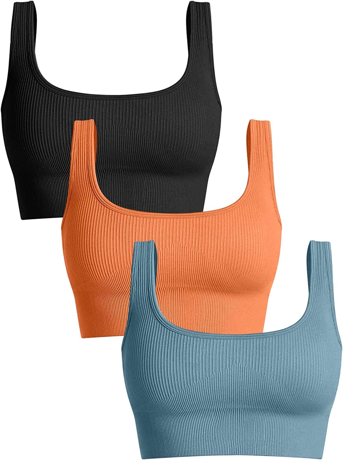 Women'S 3 Piece Medium Support Tank Top Ribbed Seamless Removable Cups Workout Exercise Sport Bra Black Orange Blue / Large