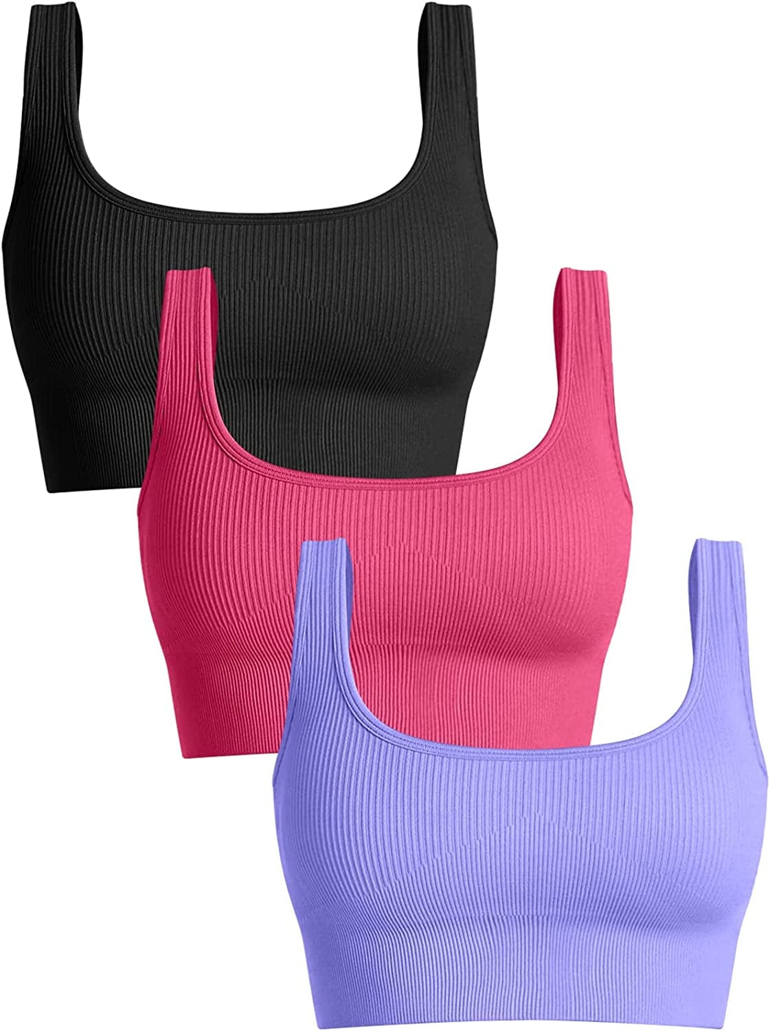 Women'S 3 Piece Medium Support Tank Top Ribbed Seamless Removable Cups Workout Exercise Sport Bra Black Coral Purple / Large
