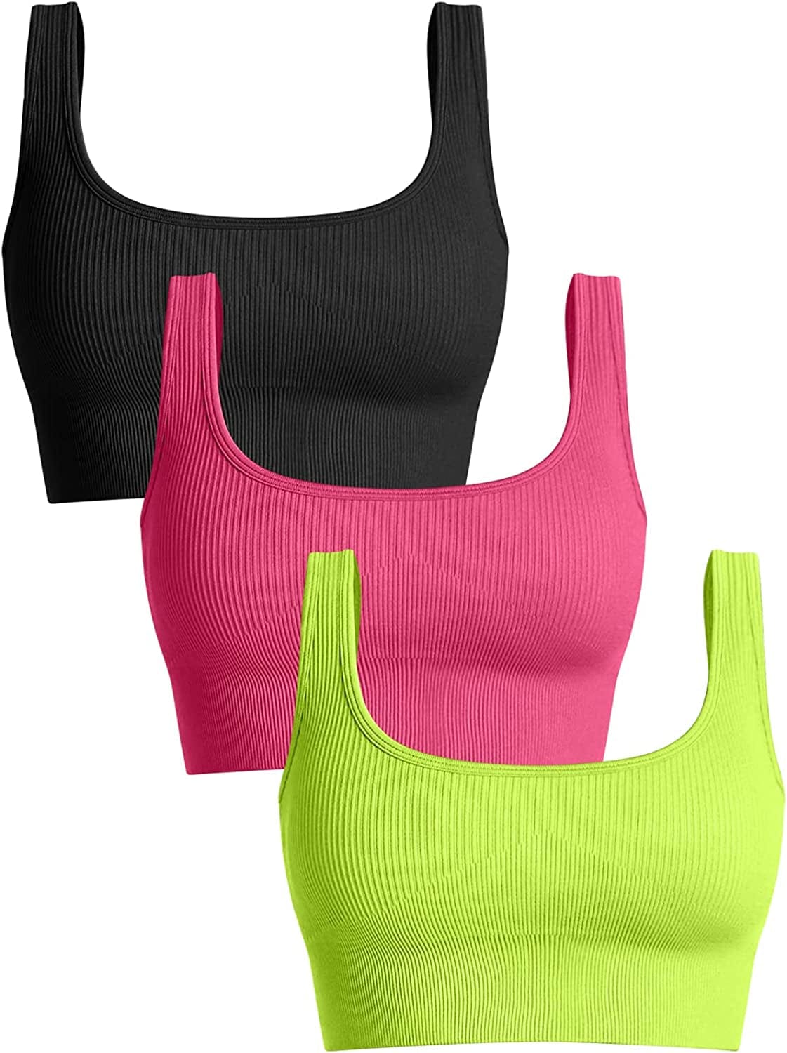 Women'S 3 Piece Medium Support Tank Top Ribbed Seamless Removable Cups Workout Exercise Sport Bra Black Coral Grassgreen / Large
