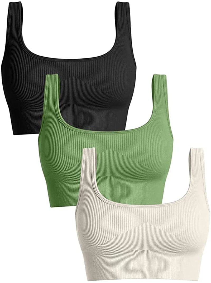 Women'S 3 Piece Medium Support Tank Top Ribbed Seamless Removable Cups Workout Exercise Sport Bra Black Green Beige / Large