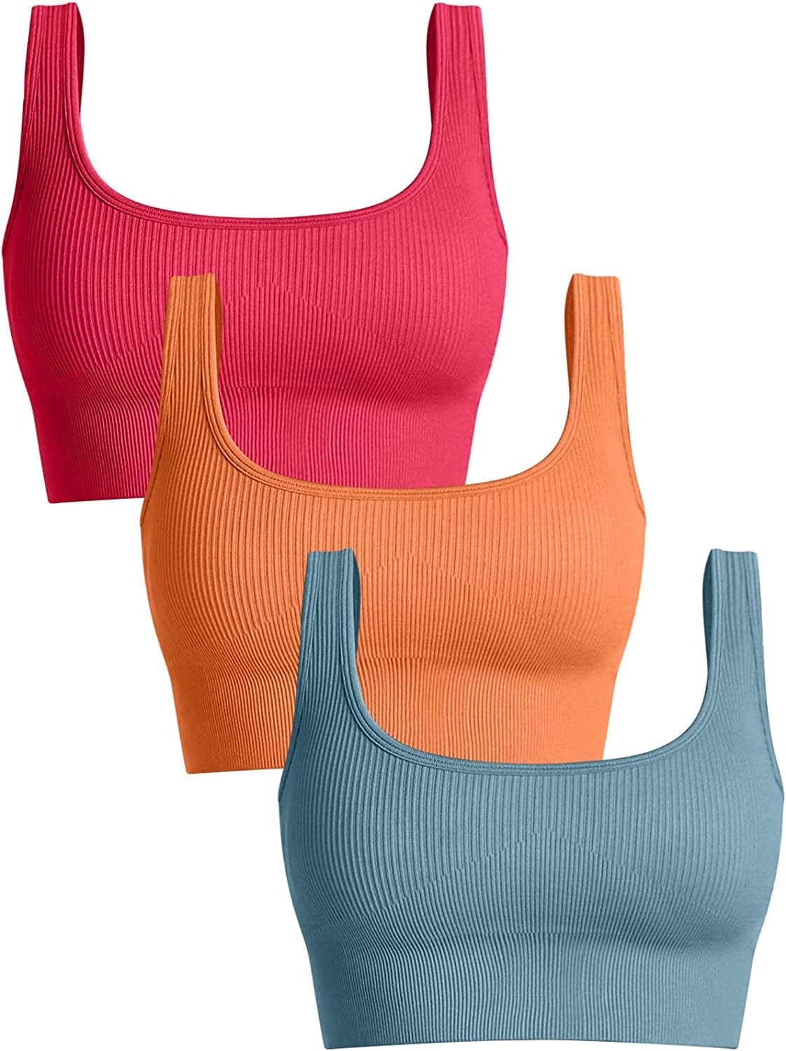 Women'S 3 Piece Medium Support Tank Top Ribbed Seamless Removable Cups Workout Exercise Sport Bra Brightred Orange Blue / Medium