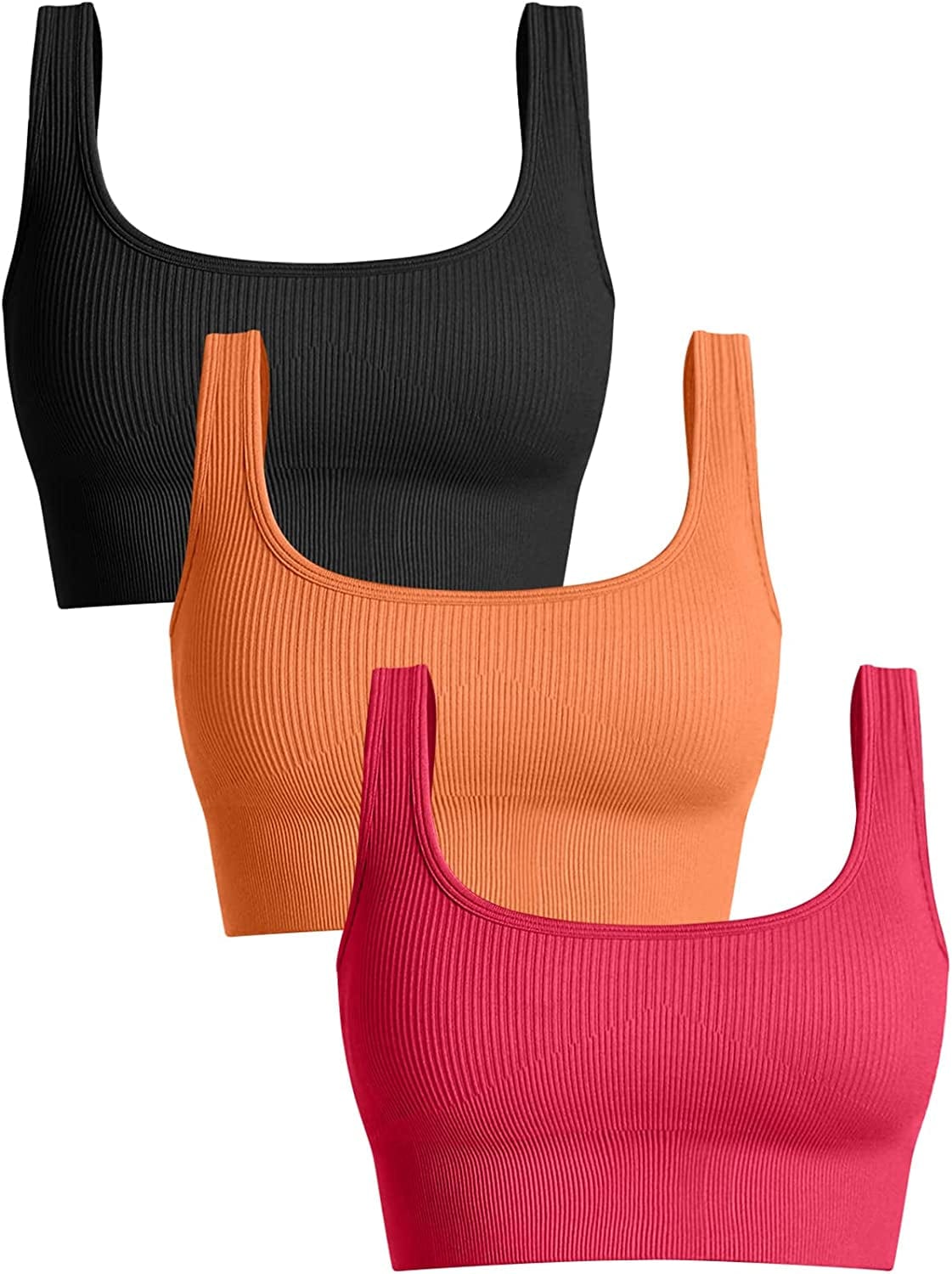 Women'S 3 Piece Medium Support Tank Top Ribbed Seamless Removable Cups Workout Exercise Sport Bra Black Orange Brightred / Large
