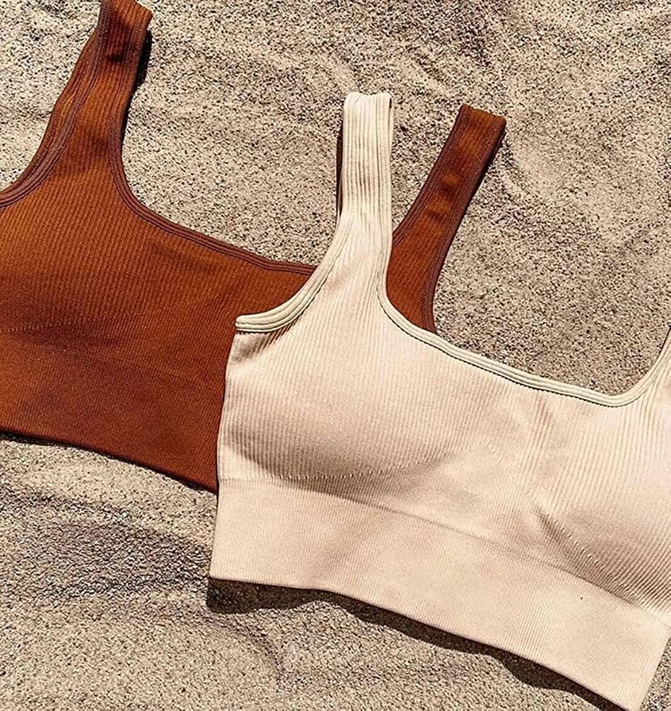 Women'S 3 Piece Medium Support Tank Top Ribbed Seamless Removable Cups Workout Exercise Sport Bra