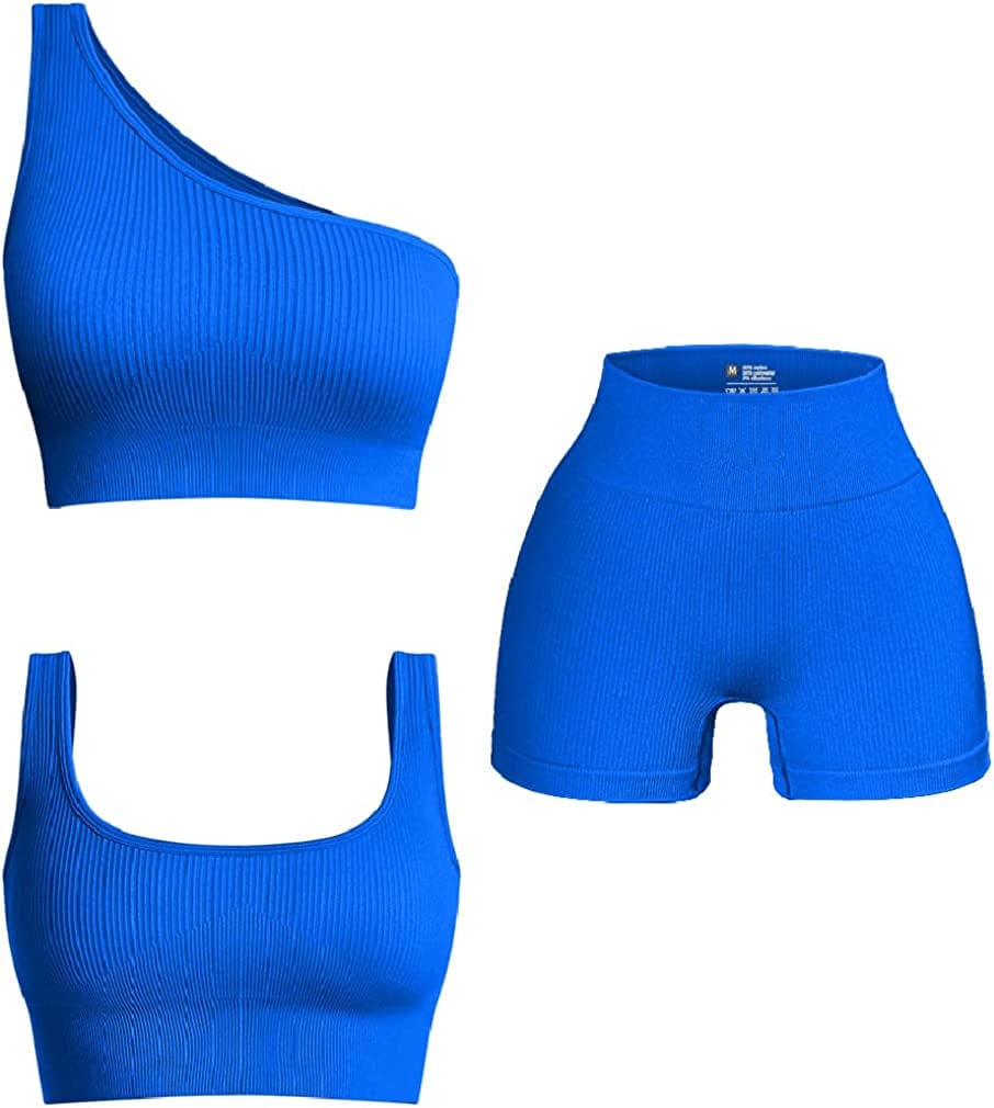 Women'S 3 Piece Outfits Ribbed Exercise Scoop Neck Sports Bra Notch Neckline Crop Tops High Waist Yoga Shorts Active Set Blue1 / Large