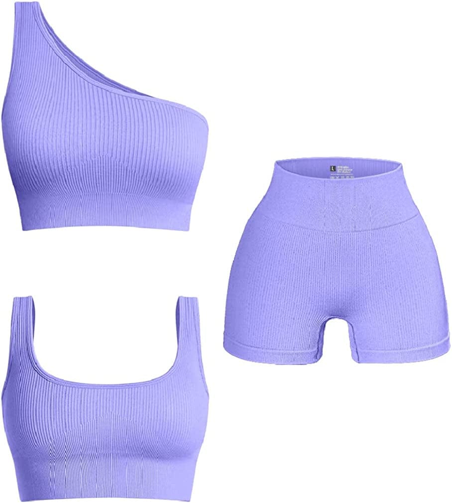 Women'S 3 Piece Outfits Ribbed Exercise Scoop Neck Sports Bra Notch Neckline Crop Tops High Waist Yoga Shorts Active Set Purple1 / Large