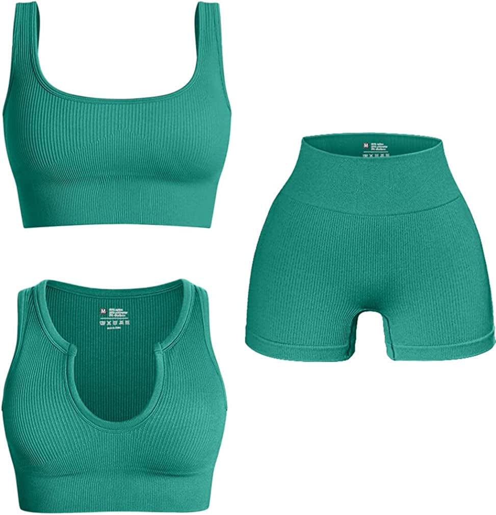 Women'S 3 Piece Outfits Ribbed Exercise Scoop Neck Sports Bra Notch Neckline Crop Tops High Waist Yoga Shorts Active Set Green / Large