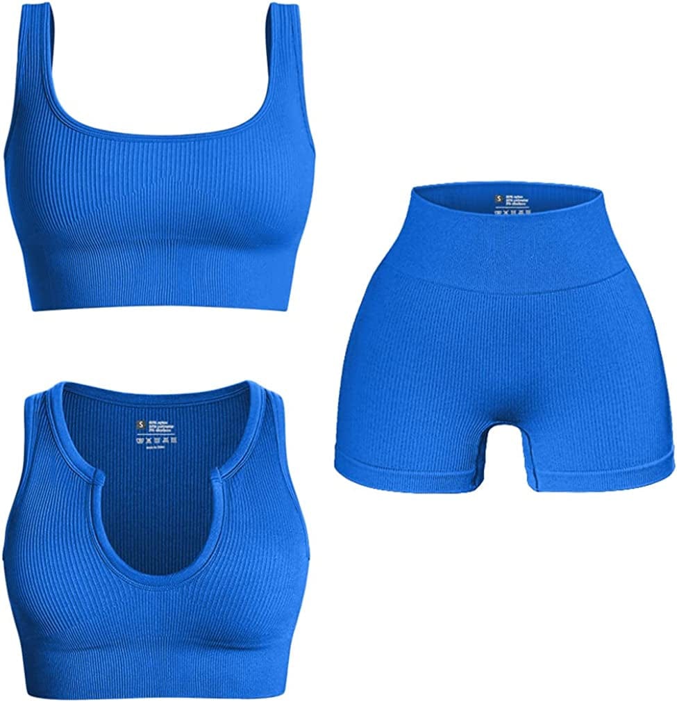 Women'S 3 Piece Outfits Ribbed Exercise Scoop Neck Sports Bra Notch Neckline Crop Tops High Waist Yoga Shorts Active Set Blue / Large