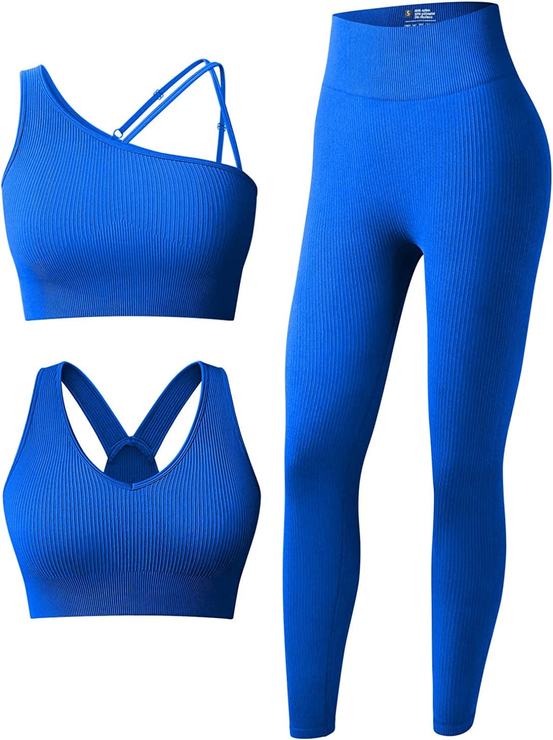 Women'S 3 Piece Outfits Ribbed Seamless Exercise Scoop Neck Sports Bra One Shoulder Tops High Waist Leggings Active Set Blue2 / Medium