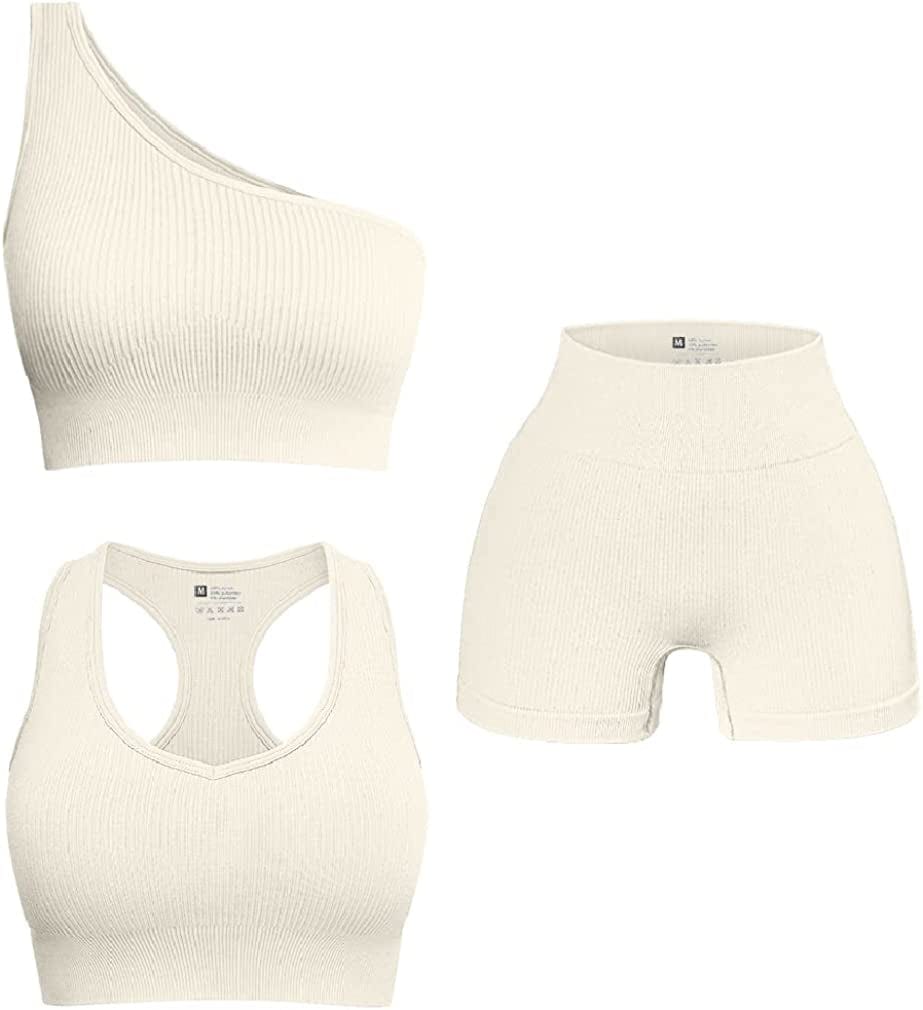 Women'S 3 Piece Outfits Ribbed Seamless Exercise Scoop Neck Sports Bra One Shoulder Tops High Waist Shorts Active Set Beige2 / Small