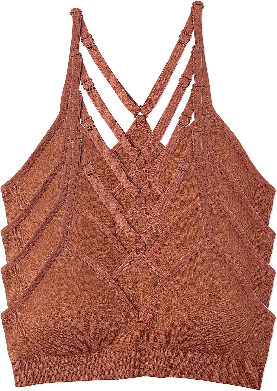 Women’S 4 Pack Racerback Sports Bralette Seamless Wireless Comfort Bra Dark Caramel / Large