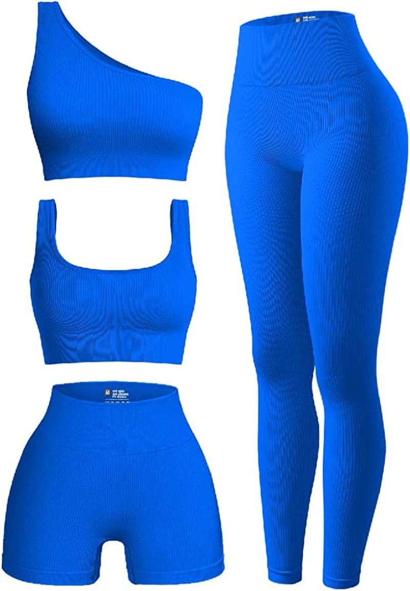 Women'S 4 Piece Outfits Ribbed Exercise Scoop Neck Sports Bra One Shoulder Tops High Waist Shorts Leggings Active Set Blue / Large