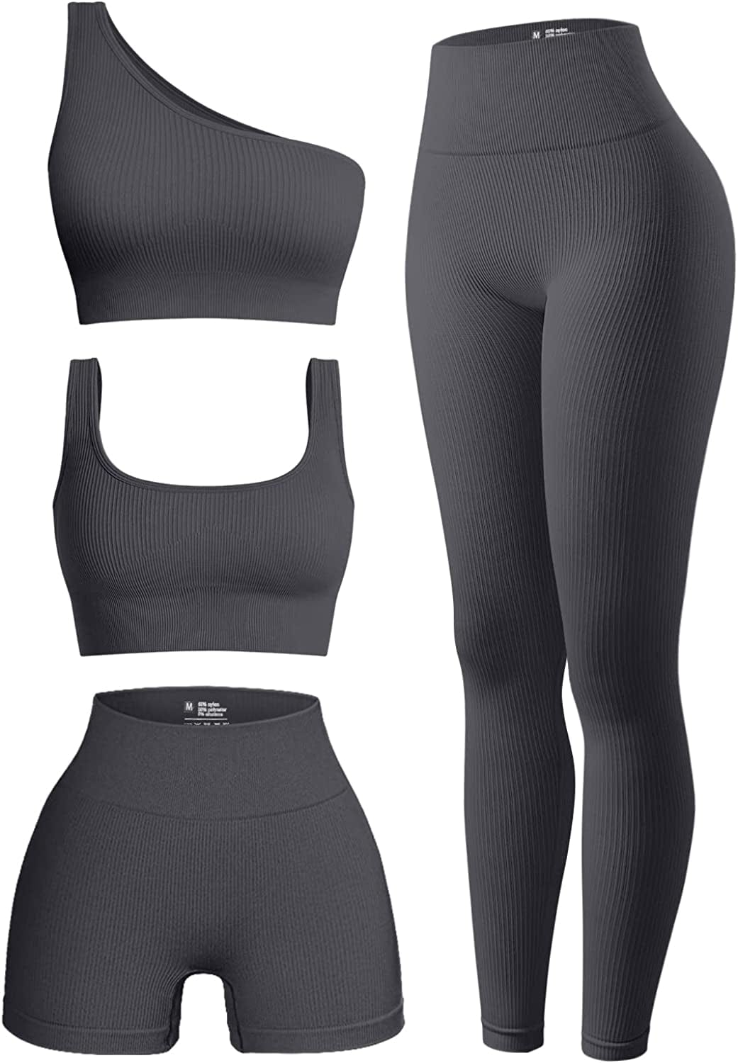 Women'S 4 Piece Outfits Ribbed Exercise Scoop Neck Sports Bra One Shoulder Tops High Waist Shorts Leggings Active Set Grey / Medium