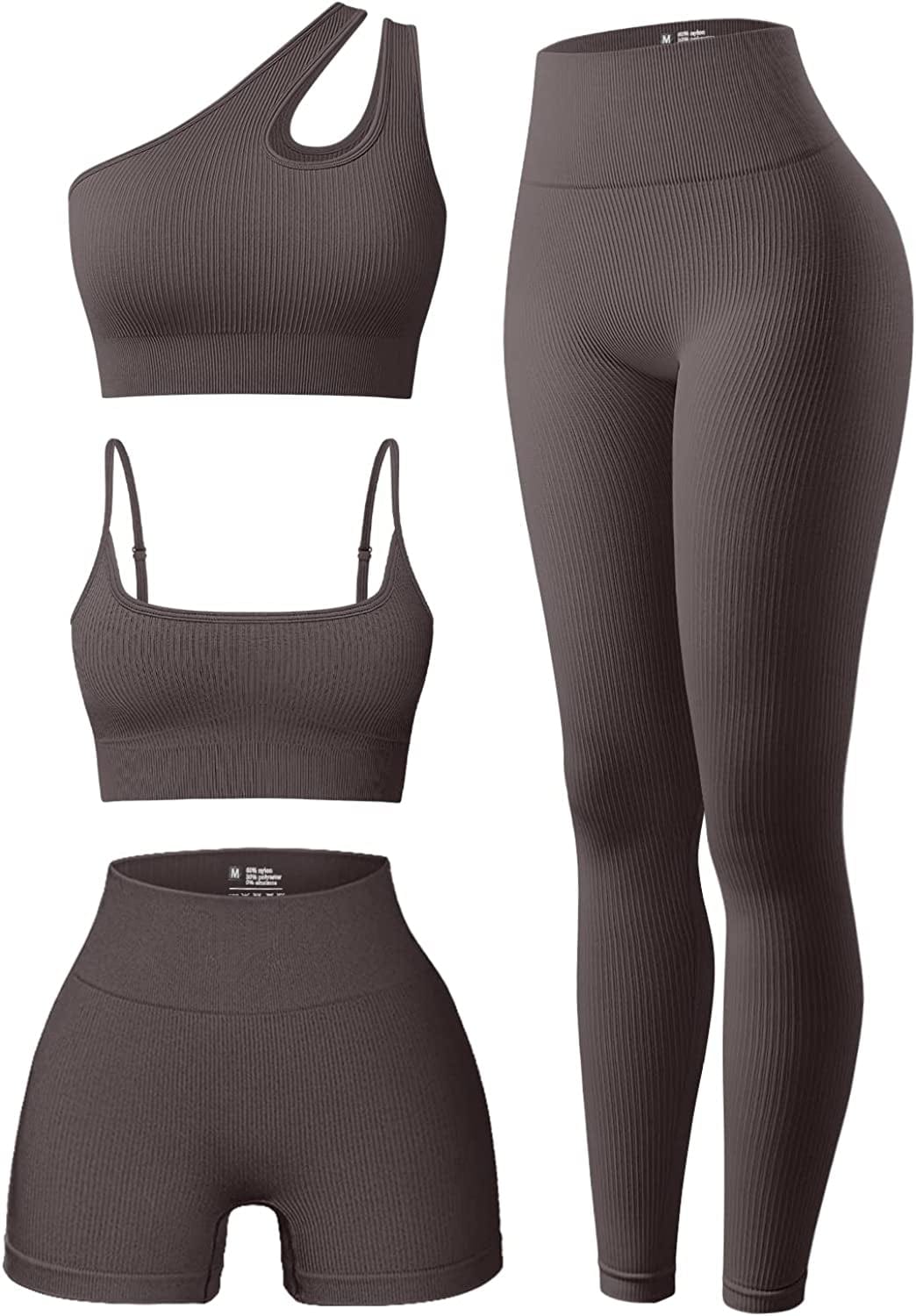 Women'S 4 Piece Outfits Ribbed Exercise Scoop Neck Sports Bra One Shoulder Tops High Waist Shorts Leggings Active Set Tea Leaf1 / Small