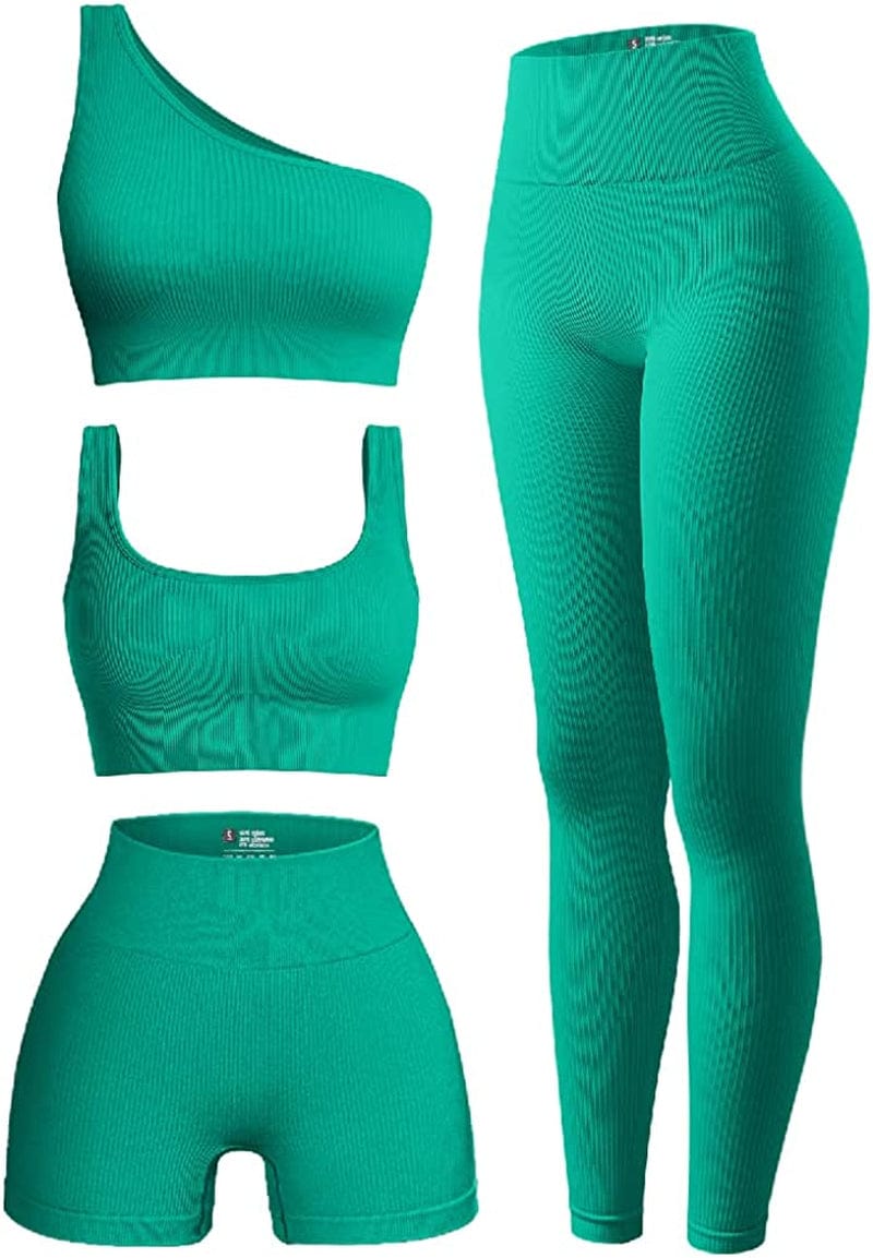 Women'S 4 Piece Outfits Ribbed Exercise Scoop Neck Sports Bra One Shoulder Tops High Waist Shorts Leggings Active Set Green / Large