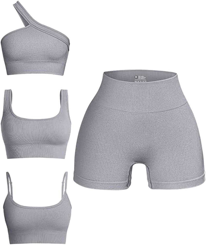 Women'S 4 Piece Outfits Ribbed Seamless Exercise Scoop Neck Sports Bra One Shoulder Tops High Waist Shorts Active Set Silvergrey / Medium