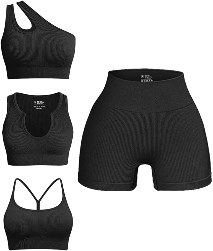 Women'S 4 Piece Outfits Ribbed Seamless Exercise Scoop Neck Sports Bra One Shoulder Tops High Waist Shorts Active Set Black3 / Small